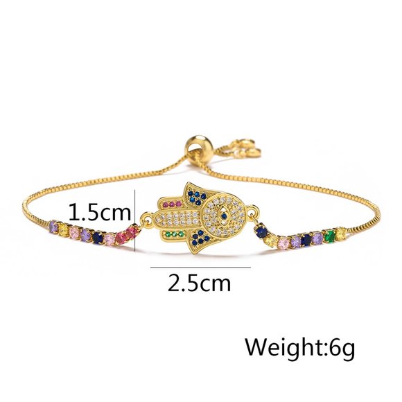 3/$35 Gold Plated Copper Hand Eye Hamsa Cubic Zirconia Chain Bracelet Jewelry - Picture 6 of 6